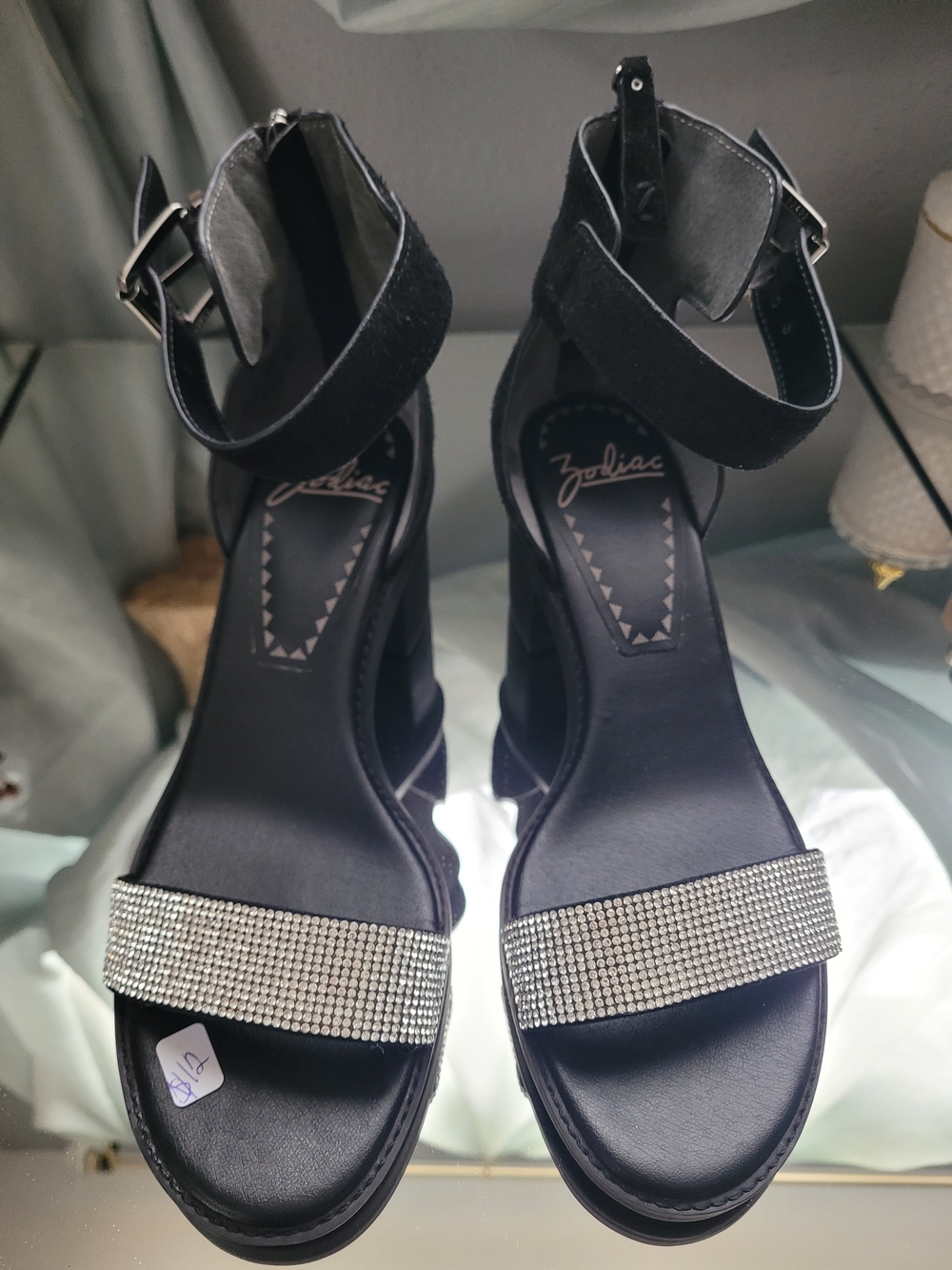 Zodiac Black Wedge Sandals with Rhinestone Front Strap